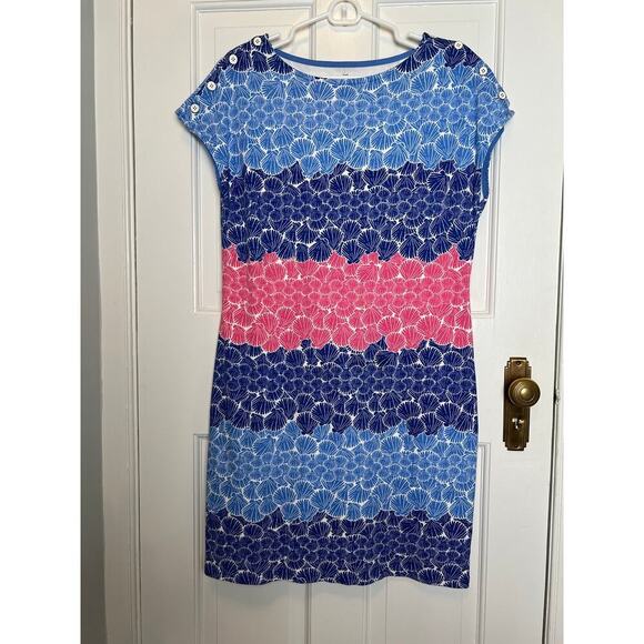 Talbots Women's L Shift Dress Sea Shell Print Pink Blue Knee Length Short Sleeve - Picture 1 of 10